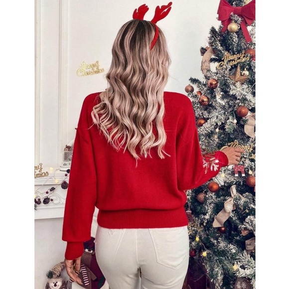 Red Long Sweater Sequin Snowflake Appliqué Round Neck, Knit Pullover - Picture 3 of 8